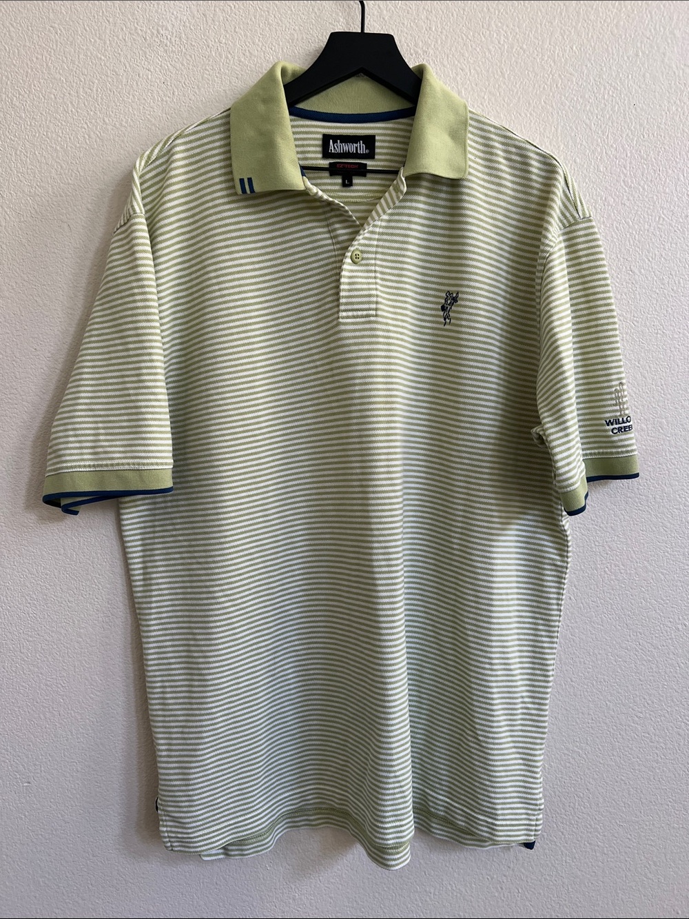 ASHWORTH Retro Pique Knit Golf Polo Shirt Pastel Green/White Striped Men's L
